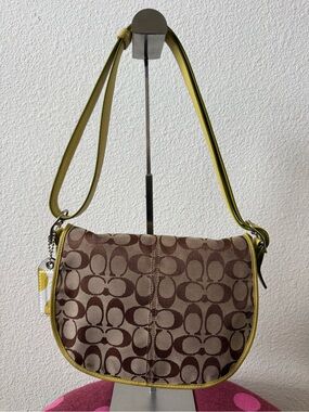 Vintage Coach Brown Signature Canvas Shoulder Bag with Yellow Trim